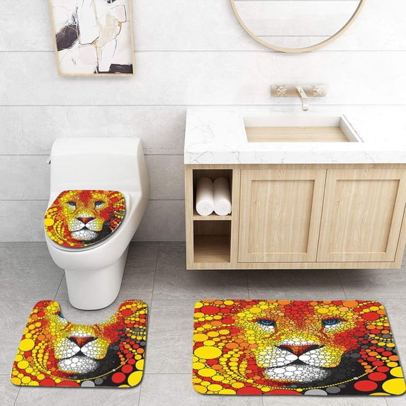 PUDMAD Fractal Abstract Style Lion Portrait Doodle Style Circle Figure Wildlife Leader 3 Piece Bathroom Rugs Set Bath Rug Contour Mat and Toilet Lid Cover