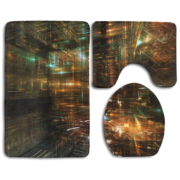 PUDMAD Fractal City Series Visually Pleasing Composition Three Dimensional Fractal Structures 3 Piece Bathroom Rugs Set Bath Rug Contour Mat and Toilet Lid Cover