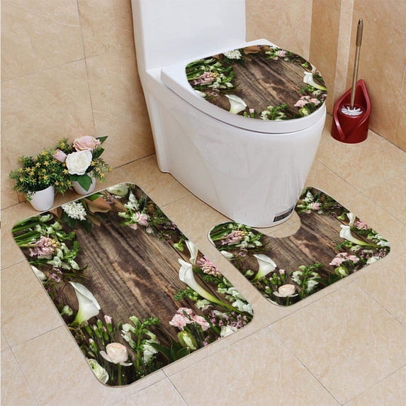 PUDMAD Frame from Flowers Wooden 3 Piece Bathroom Rugs Set Bath Rug Contour Mat and Toilet Lid Cover