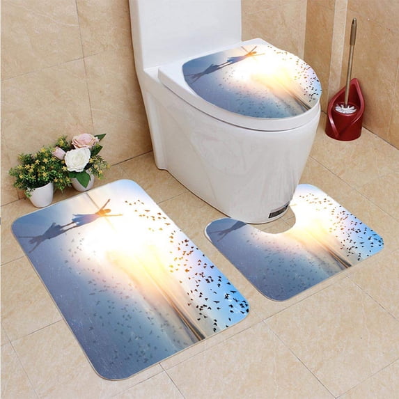 PUDMAD Freedom 3 Piece Bathroom Rugs Set Bath Rug Contour Mat and Toilet Lid Cover