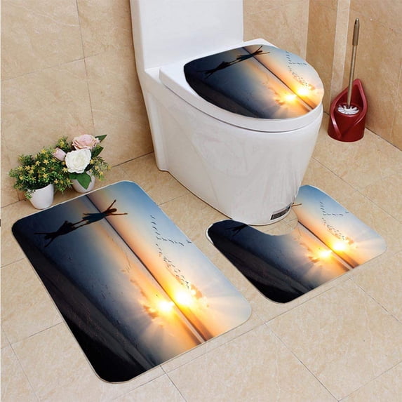 PUDMAD Freedom2 3 Piece Bathroom Rugs Set Bath Rug Contour Mat and Toilet Lid Cover