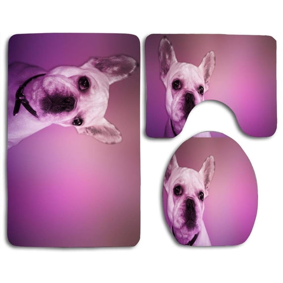 PUDMAD French Bulldog 3 Piece Bathroom Rugs Set Bath Rug Contour Mat and Toilet Lid Cover