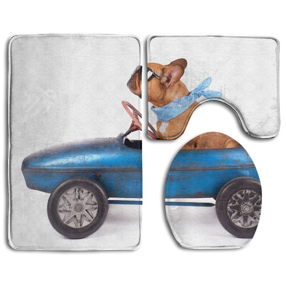 PUDMAD French Bulldog Enjoys Ride Pedal Car Isolated 3 Piece Bathroom Rugs Set Bath Rug Contour Mat and Toilet Lid Cover