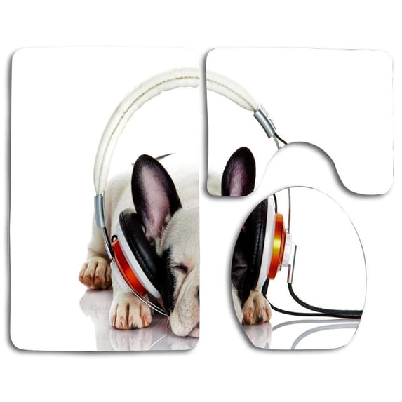 PUDMAD French Bulldog Listen to Music 3 Piece Bathroom Rugs Set Bath Rug Contour Mat and Toilet Lid Cover