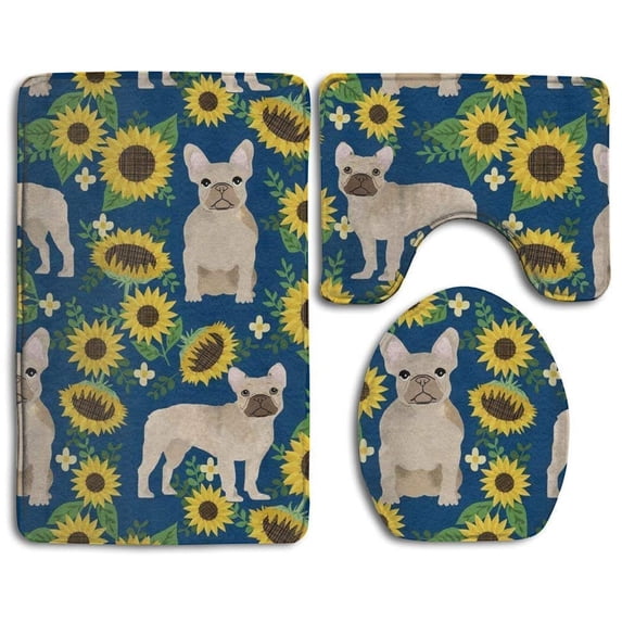 PUDMAD French Bulldog Sunflowers 3 Piece Bathroom Rugs Set Bath Rug Contour Mat and Toilet Lid Cover