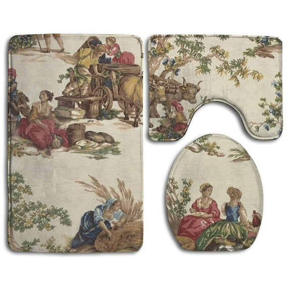 PUDMAD French Country Toile 3 Piece Bathroom Rugs Set Bath Rug Contour Mat and Toilet Lid Cover