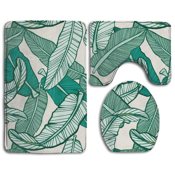 PUDMAD Fresh Banana Leaves 3 Piece Bathroom Rugs Set Bath Rug Contour Mat and Toilet Lid Cover