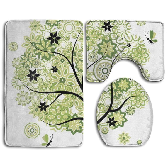 PUDMAD Fresh Cartoon Flower Tree Green 3 Piece Bathroom Rugs Set Bath Rug Contour Mat and Toilet Lid Cover