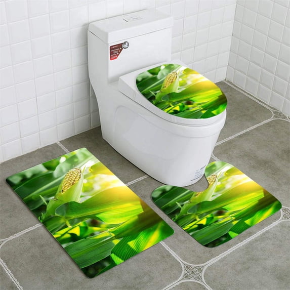 PUDMAD Fresh cob ripe Corn on Green Field at Sunset 3 Piece Bathroom Rugs Set Bath Rug Contour Mat and Toilet Lid Cover