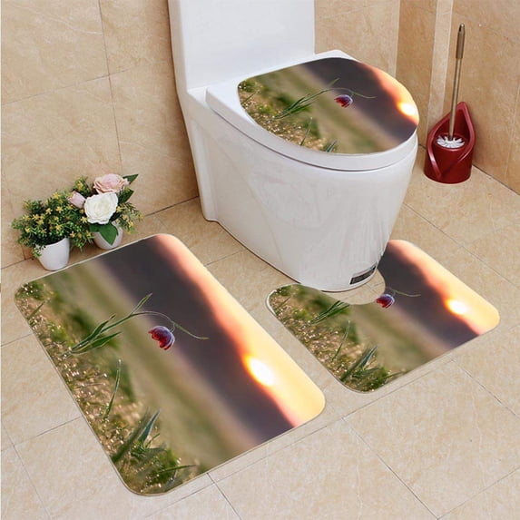 PUDMAD Fritillary Flower Sunrise 3 Piece Bathroom Rugs Set Bath Rug Contour Mat and Toilet Lid Cover