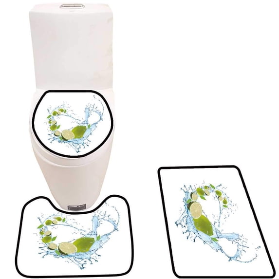 PUDMAD Fruit in Water splaash Fall Lime Water splaash Fruits 3 Piece Bathroom Rugs Set Bath Rug Contour Mat and Toilet Lid Cover