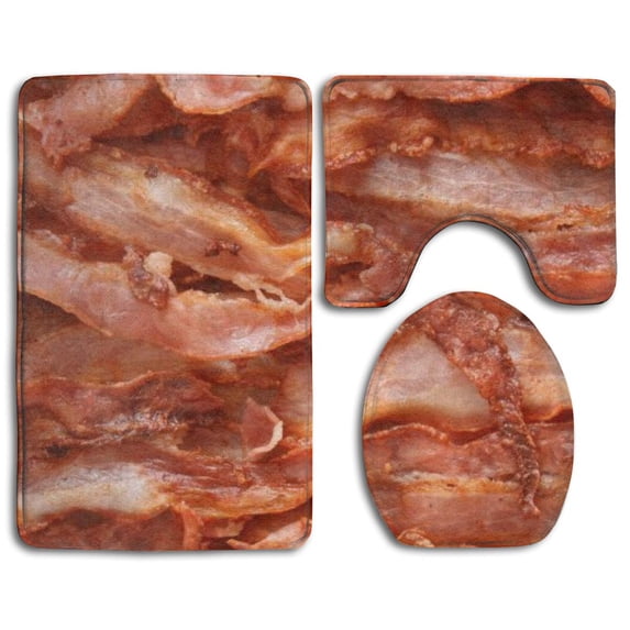 PUDMAD Funny Bacon Meat 3 Piece Bathroom Rugs Set Bath Rug Contour Mat and Toilet Lid Cover