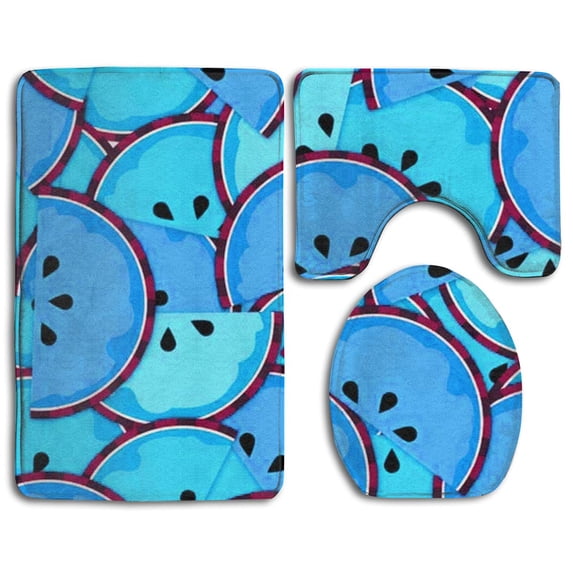 PUDMAD Funny Blue Watermelon 3 Piece Bathroom Rugs Set Bath Rug Contour Mat and Toilet Lid Cover