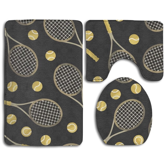 PUDMAD Funny Colourful Tennis Racquets and Tennis Balls 3 Piece Bathroom Rugs Set Bath Rug Contour Mat and Toilet Lid Cover