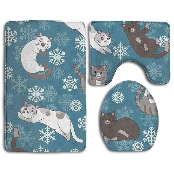 PUDMAD Funny Cute Cats Sleeping and Playing Kittens 3 Piece Bathroom Rugs Set Bath Rug Contour Mat and Toilet Lid Cover