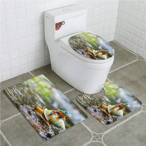 PUDMAD Funny Cute Colorful Frog Above Snail Riverscape Water Rock Mollusks Amphibian 3 Piece Bathroom Rugs Set Bath Rug Contour Mat and Toilet Lid Cover