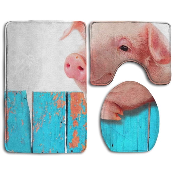 PUDMAD Funny Cute Piggy 3 Piece Bathroom Rugs Set Bath Rug Contour Mat and Toilet Lid Cover