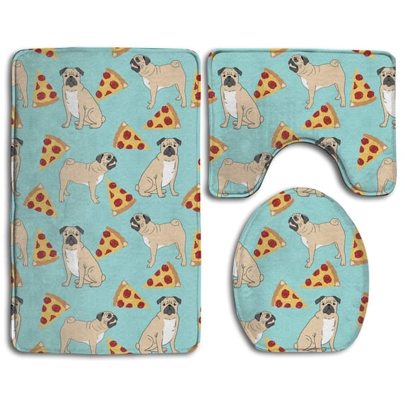 PUDMAD Funny Dogs Pug Puppies Pizza 3 Piece Bathroom Rugs Set Bath Rug Contour Mat and Toilet Lid Cover