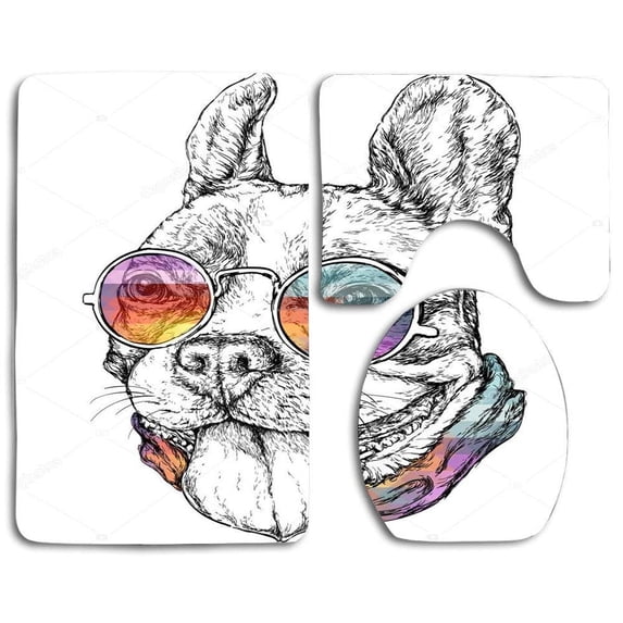 PUDMAD Funny French Bulldog 3 Piece Bathroom Rugs Set Bath Rug Contour Mat and Toilet Lid Cover