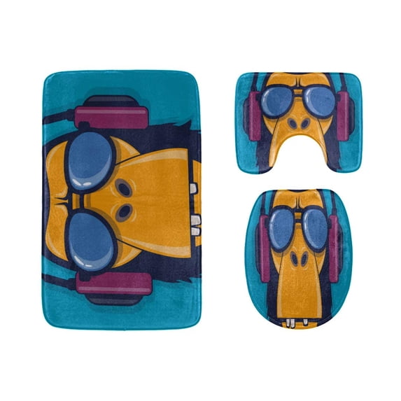 PUDMAD Funny Monkey Listening to Music 3 Piece Bathroom Rugs Set Bath Rug Contour Mat and Toilet Lid Cover