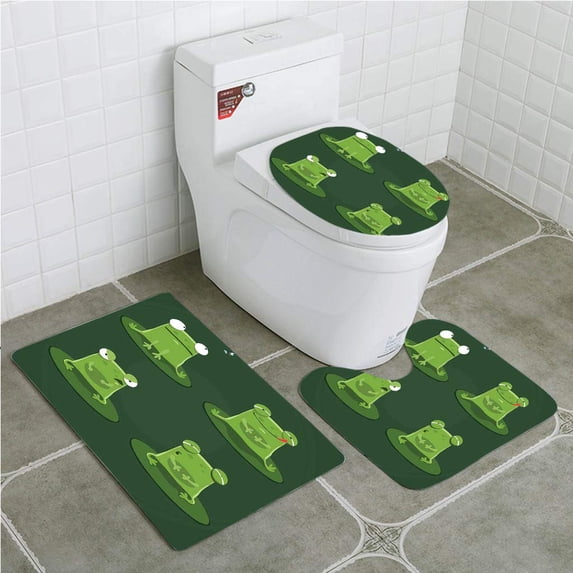 PUDMAD Funny Funny Muzzy Frog on Lily Pad in Pond Hunting Tasty Fly Expressions Cartoon 3 Piece Bathroom Rugs Set Bath Rug Contour Mat and Toilet Lid Cover