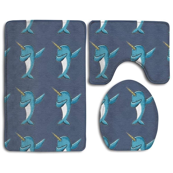 PUDMAD Funny Narwhal Dab 3 Piece Bathroom Rugs Set Bath Rug Contour Mat and Toilet Lid Cover
