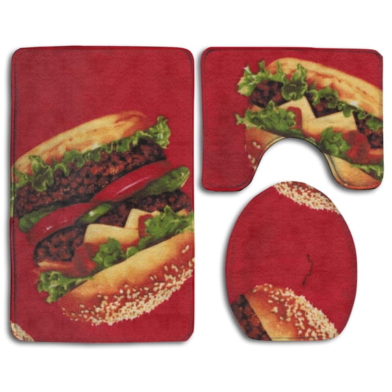 PUDMAD Funny Red Hamburger 3 Piece Bathroom Rugs Set Bath Rug Contour Mat and Toilet Lid Cover