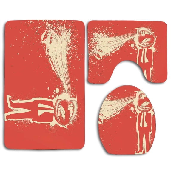 PUDMAD Funny Trippy Man Screaming Big Mouth Mad Man in Suits Work Life Boss Quirky Artistic Graphic 3 Piece Bathroom Rugs Set Bath Rug Contour Mat and Toilet Lid Cover