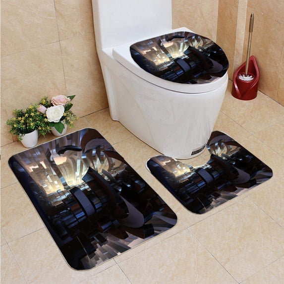 PUDMAD Futuristic Cityscape 3 Piece Bathroom Rugs Set Bath Rug Contour Mat and Toilet Lid Cover