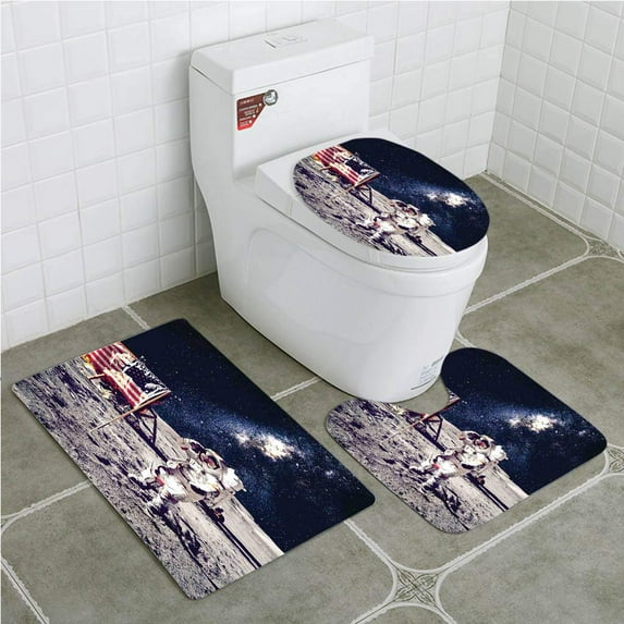 PUDMAD Galaxy American Cosmonaut USA Flag on Moon Digital Pilot Space Discovery Photo 3 Piece Bathroom Rugs Set Bath Rug Contour Mat and Toilet Lid Cover