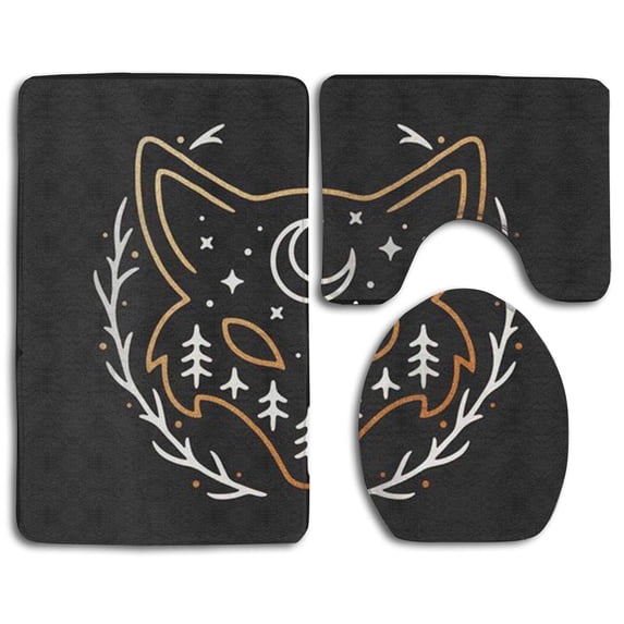 PUDMAD Galaxy Fox Black 3 Piece Bathroom Rugs Set Bath Rug Contour Mat and Toilet Lid Cover