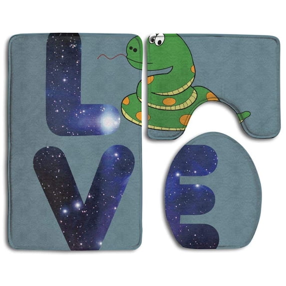 PUDMAD Galaxy Love Cute Snake 3 Piece Bathroom Rugs Set Bath Rug Contour Mat and Toilet Lid Cover