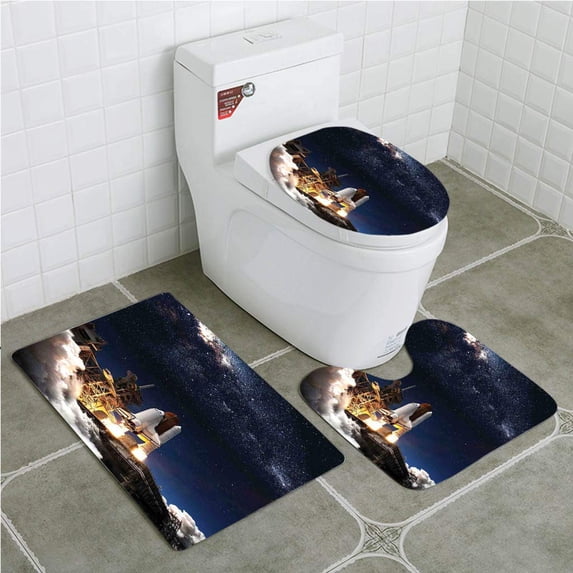 PUDMAD Galaxy Shuttle on Take off Discovery Mission to Explore Galaxy Spaceship Solar 3 Piece Bathroom Rugs Set Bath Rug Contour Mat and Toilet Lid Cover