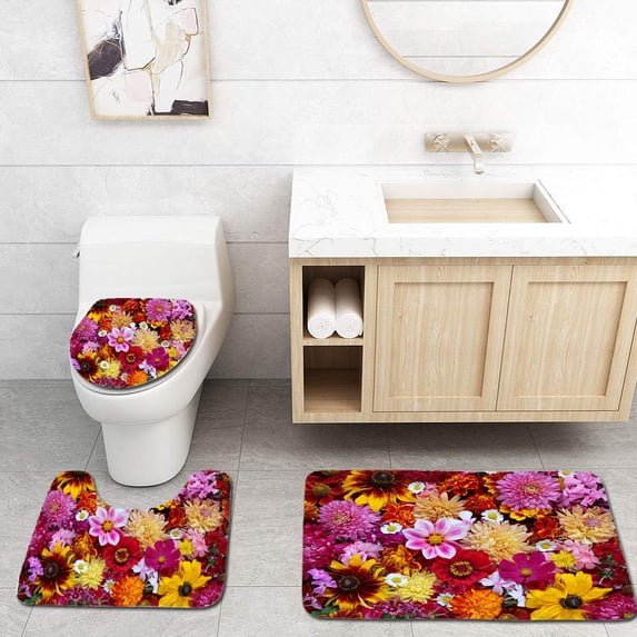 PUDMAD Garden Flowers top View 3 Piece Bathroom Rugs Set Bath Rug Contour Mat and Toilet Lid Cover