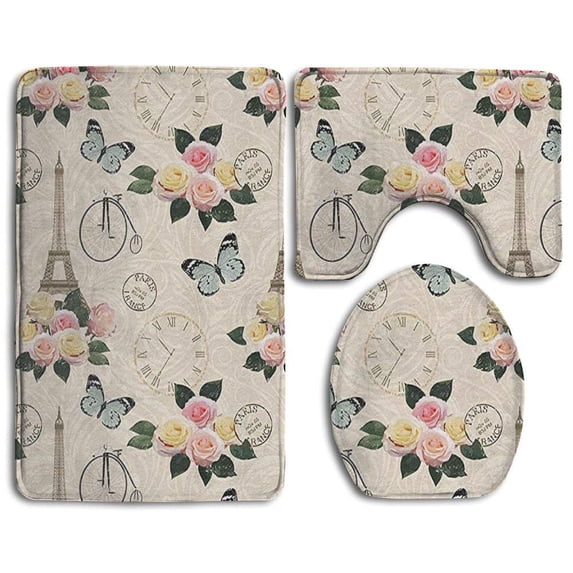 PUDMAD Garden Roses Butterfly Flowers Leaves 3 Piece Bathroom Rugs Set Bath Rug Contour Mat and Toilet Lid Cover