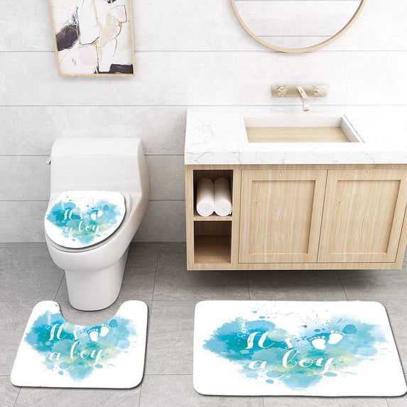 PUDMAD Gender Reveal Its A Boy Quote on Brushstroke Grunge Pastel Turquoise 3 Piece Bathroom Rugs Set Bath Rug Contour Mat and Toilet Lid Cover