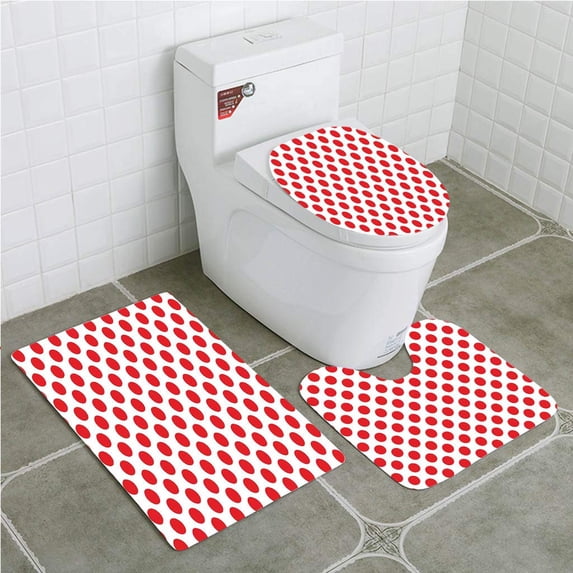 PUDMAD Geometric 50s 60s Old Pop Art Retro Vintage Polka Dots Rounds Circles Art 3 Piece Bathroom Rugs Set Bath Rug Contour Mat and Toilet Lid Cover