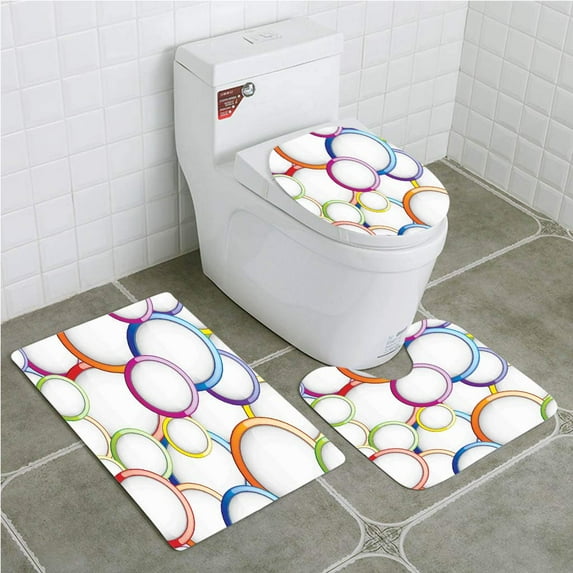 PUDMAD Geometric Abstract Chained Colorful Bubbles and Circles Round Patterns Contemporary 3 Piece Bathroom Rugs Set Bath Rug Contour Mat and Toilet Lid Cover