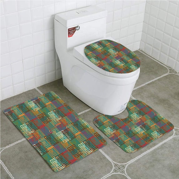 PUDMAD Geometric Abstract Grunge Folk Rainbow Ornament Squares Distressed 3 Piece Bathroom Rugs Set Bath Rug Contour Mat and Toilet Lid Cover