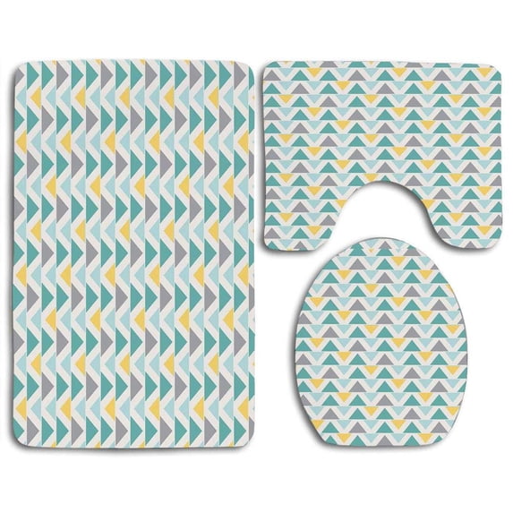 PUDMAD Geometric Chevron Lines Triangle Zigzag Retro Inspirations Abstract 3 Piece Bathroom Rugs Set Bath Rug Contour Mat and Toilet Lid Cover