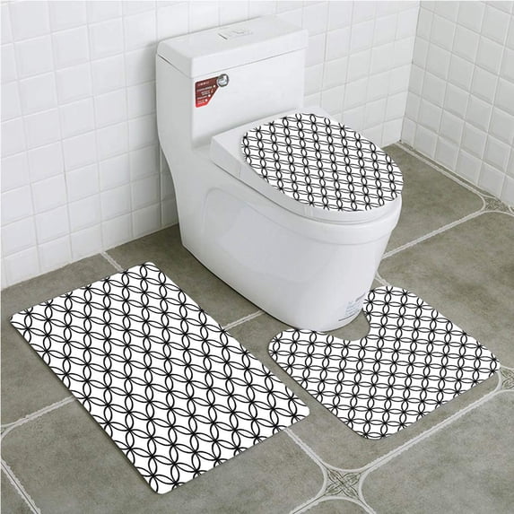PUDMAD Geometric Circle Minimalist Monochrome Interlace Circle Modules 3 Piece Bathroom Rugs Set Bath Rug Contour Mat and Toilet Lid Cover