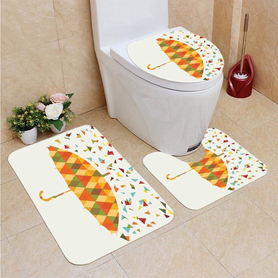 PUDMAD Geometric Colored Triangles Like Raindrops Absract Mosaic Umbrella 3 Piece Bathroom Rugs Set Bath Rug Contour Mat and Toilet Lid Cover