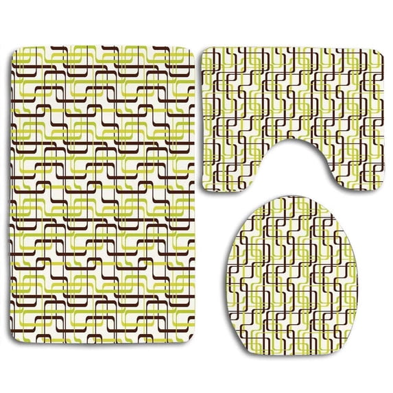 PUDMAD Geometric Sixties Fashion Inspired Intertwined Lines Stylish Shapes 3 Piece Bathroom Rugs Set Bath Rug Contour Mat and Toilet Lid Cover