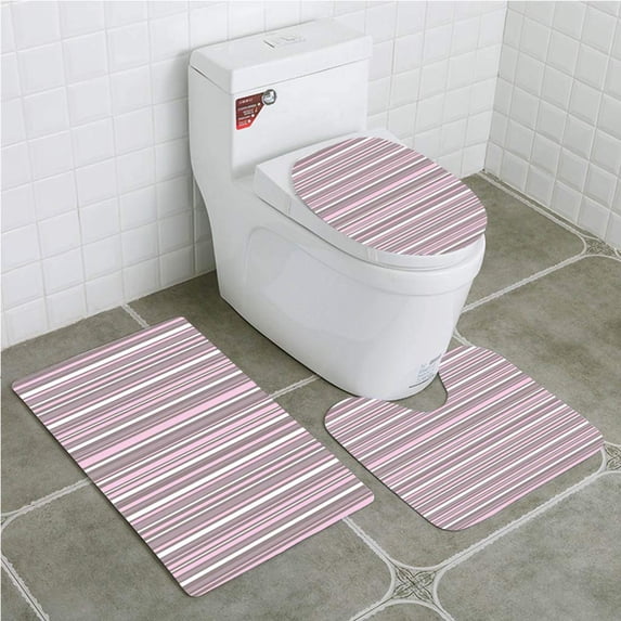 PUDMAD Geometric Stripes Modern Art Inspired Abstract Geometric Vertical Lines 3 Piece Bathroom Rugs Set Bath Rug Contour Mat and Toilet Lid Cover