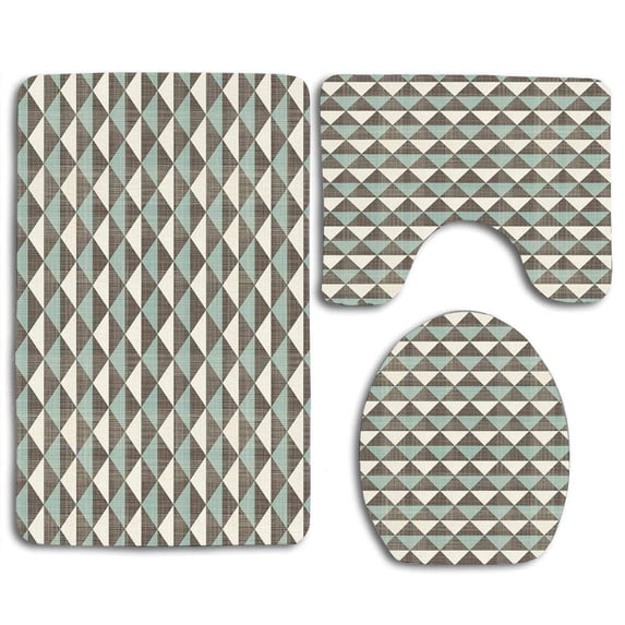 PUDMAD Geometric Triangles Diagonal Blanket Cubism Textured Artful Graphic 3 Piece Bathroom Rugs Set Bath Rug Contour Mat and Toilet Lid Cover