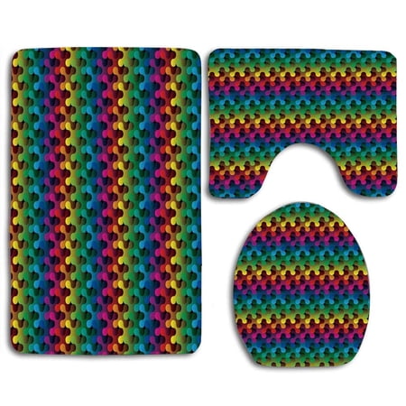 PUDMAD Geometric Trippy Digital Gradient Puzzle Style Futuristic Curved Shapes Multimedia Concept 3 Piece Bathroom Rugs Set Bath Rug Contour Mat and Toilet Lid Cover