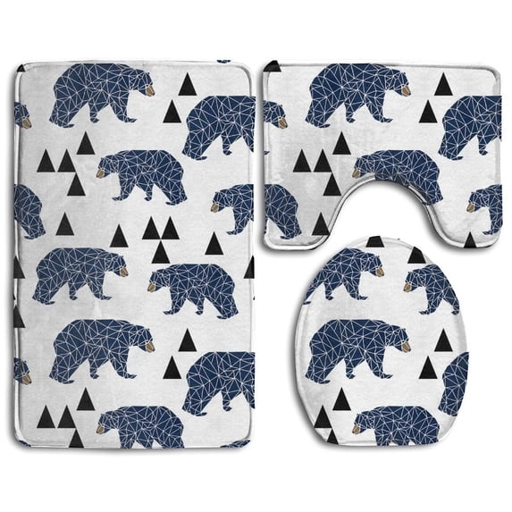 PUDMAD Geometrical Blue Bears 3 Piece Bathroom Rugs Set Bath Rug Contour Mat and Toilet Lid Cover