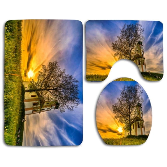 PUDMAD Germany Temples Sunrises Grass 3 Piece Bathroom Rugs Set Bath Rug Contour Mat and Toilet Lid Cover