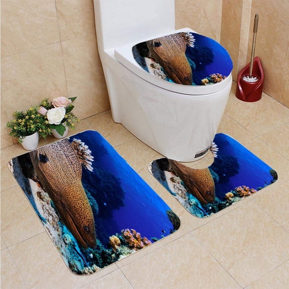 PUDMAD Giant Moray Looks Out from Coral Reef in sea 3 Piece Bathroom Rugs Set Bath Rug Contour Mat and Toilet Lid Cover