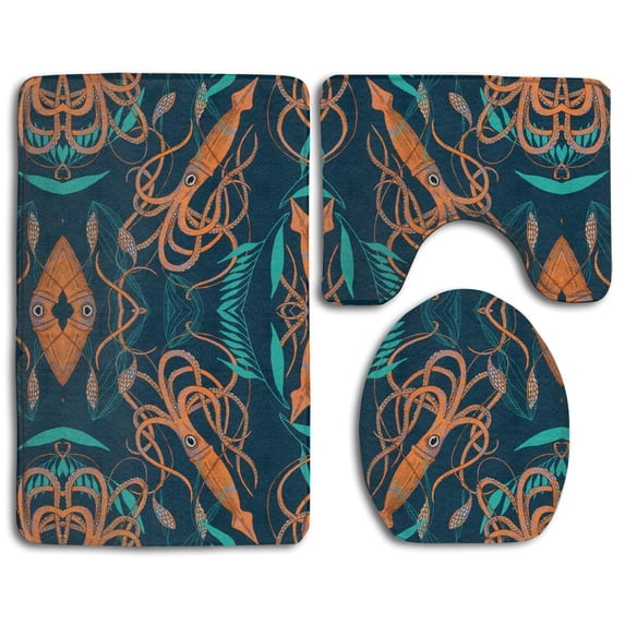 PUDMAD Giant Squid 3 Piece Bathroom Rugs Set Bath Rug Contour Mat and Toilet Lid Cover
